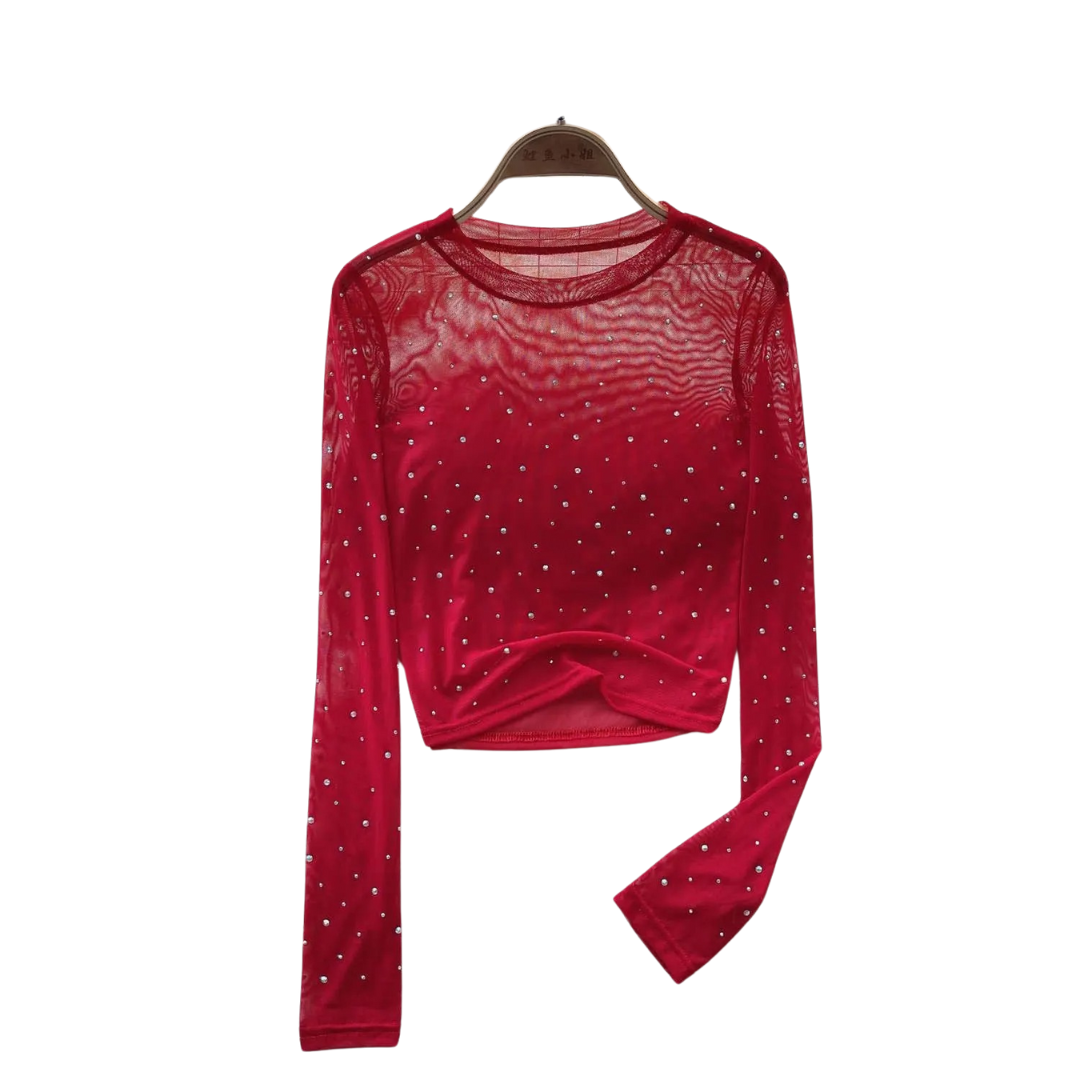 Naisten Rhinestone Mesh pitkähihainen crop-toppi