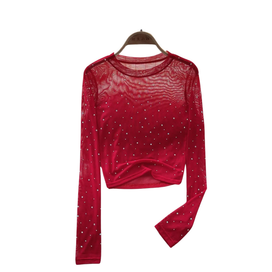 Naisten Rhinestone Mesh pitkähihainen crop-toppi