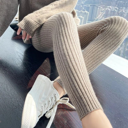 Naisten korkeavyötäröiset neulotut ribbed leggingsit