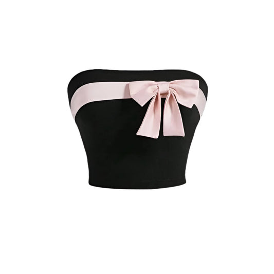 Naisten rusettikaulusinen olkaimeton crop-top