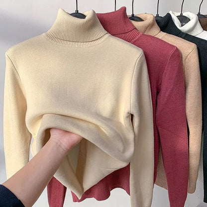 Naisten turtleneck samettivuorattu villapaita